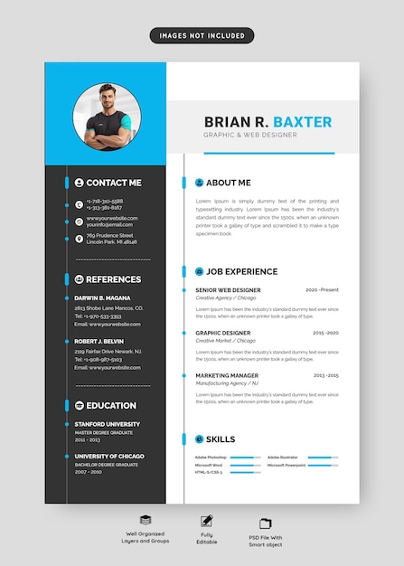 Templat portofolio resume atau CV modern dan bersih Templat CV Minimalis dengan ruang foto Warna Biru