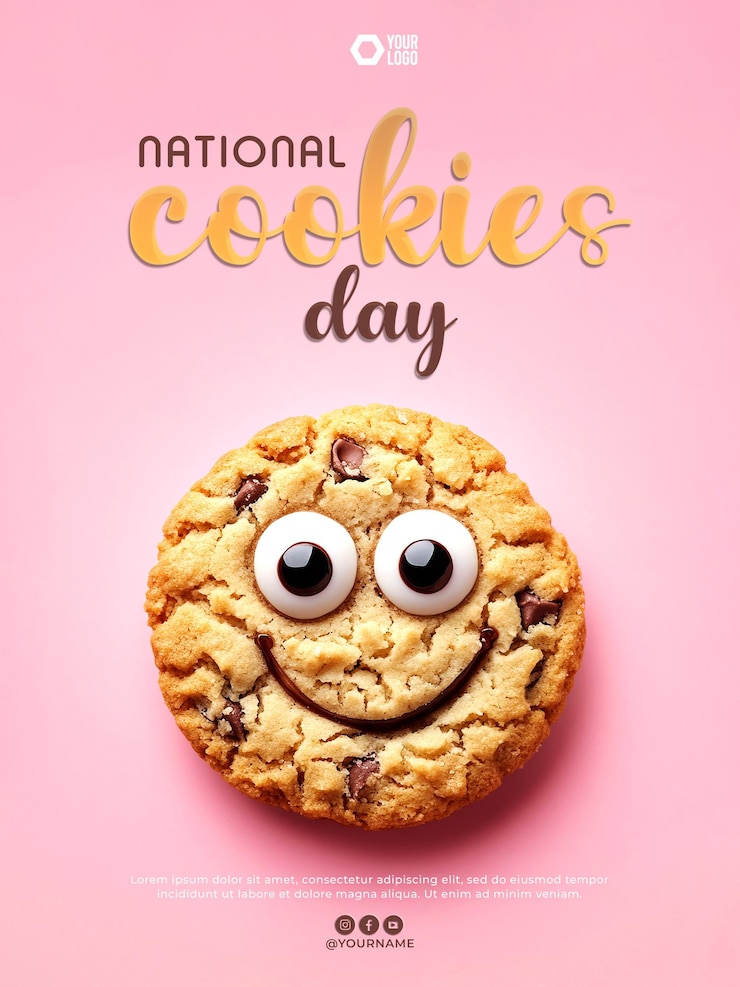 PSD templat poster banner hari cookie nasional dengan karakter cookie di latar belakang merah muda