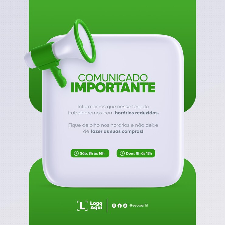PSD templat postingan media sosial pengumuman megaphone dalam bahasa portugis brasil