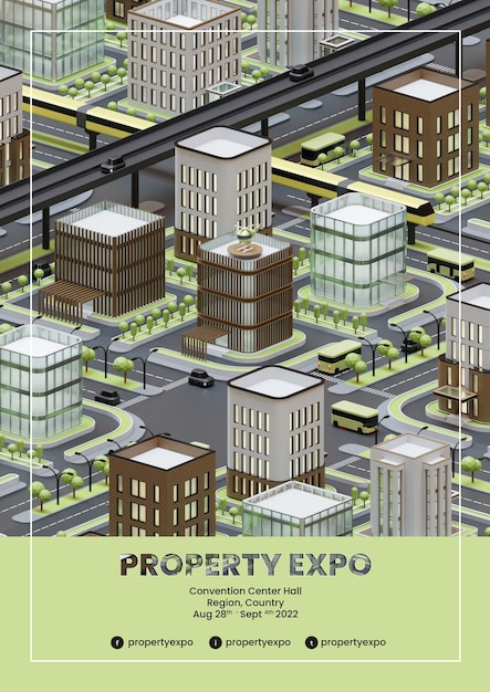 Templat Selebaran Property Expo Dengan Ilustrasi 3D Isometrik
