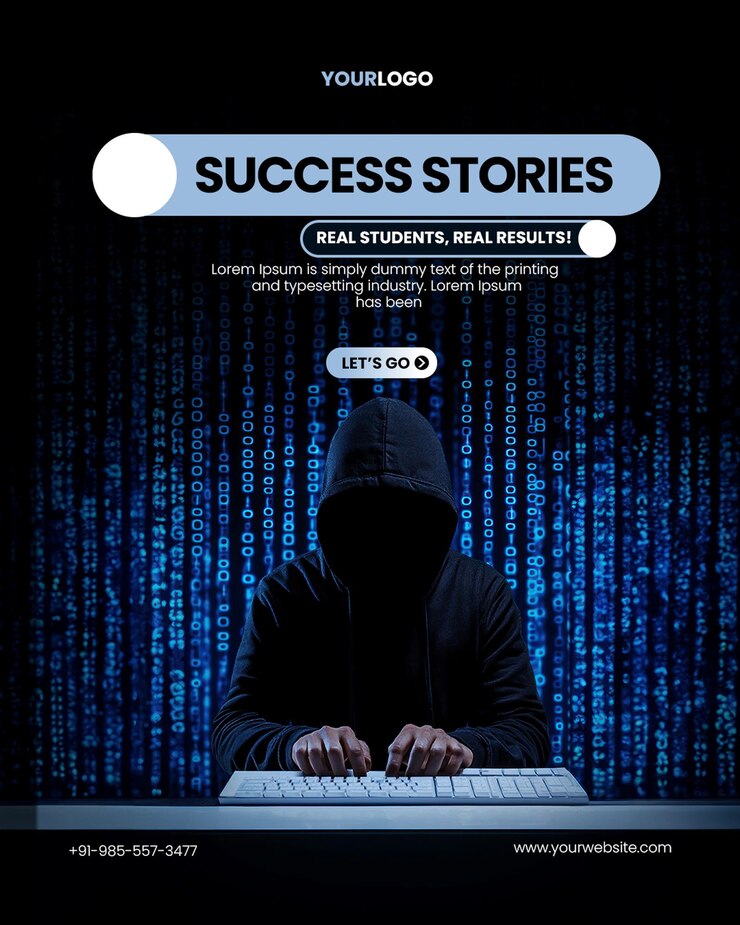 Templata de póster de taller virtual de codificación con un hacker con una sudadera negra en un teclado blanco con código binario azul en el fondo
