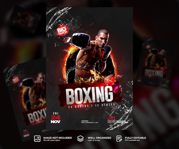 PSD templata de volante y cartel de evento de boxeo dinámico a4