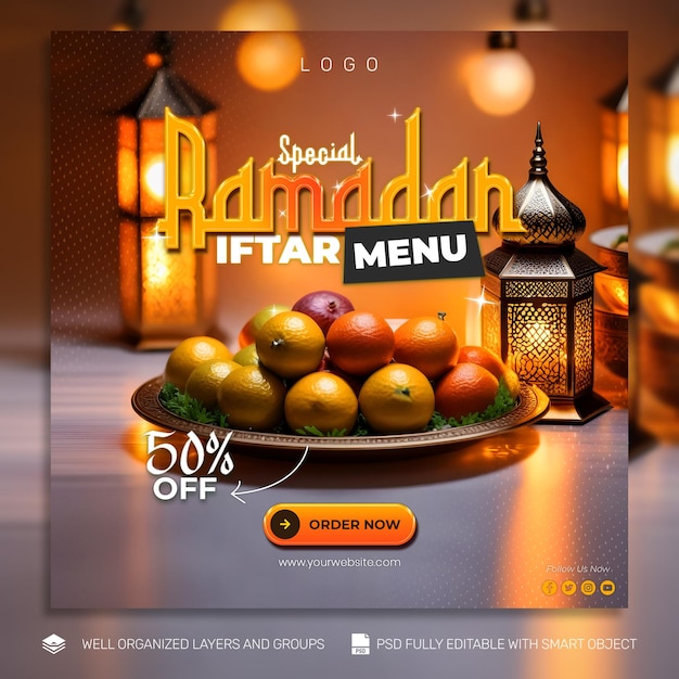 PSD template banner e flyer ramadan kareem postado nas mídias sociais