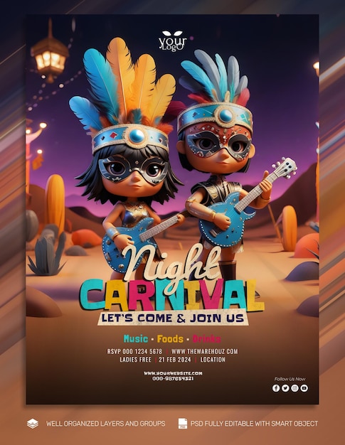 PSD template banner y flyer máscara de carnaval en las redes sociales