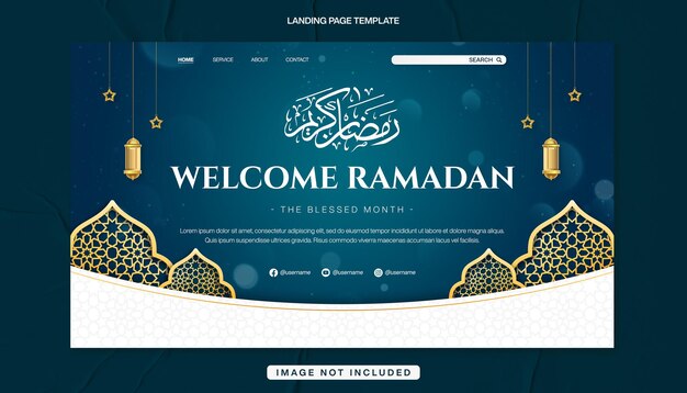 Template de bannière de bienvenue à la page d'atterrissage du Ramadan avec un fond islamique en thème vert
