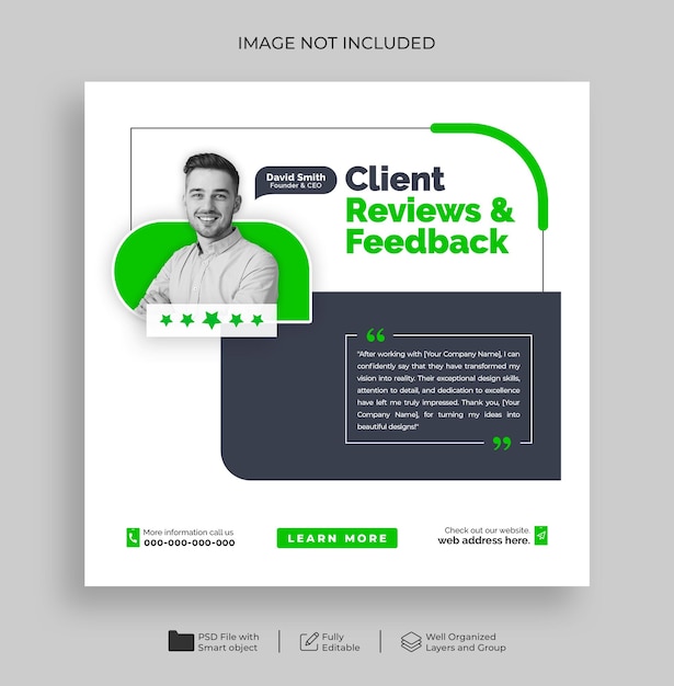 PSD template de bannière web de commentaires de clients sur les médias sociaux