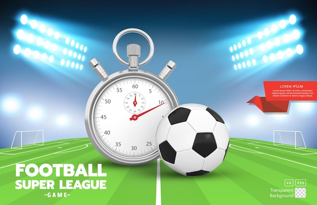 Template da Super Liga de Futebol com Renderização 3D de Bola de Futebol e Cronometro no Campo de Futebol