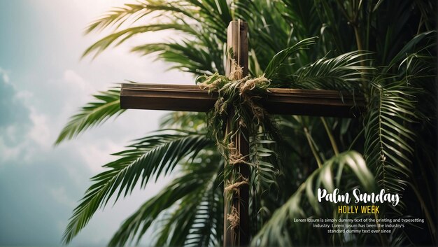 PSD template de bandeira de domingo de palma para feriado cristão com folhas de palmeira e cruz