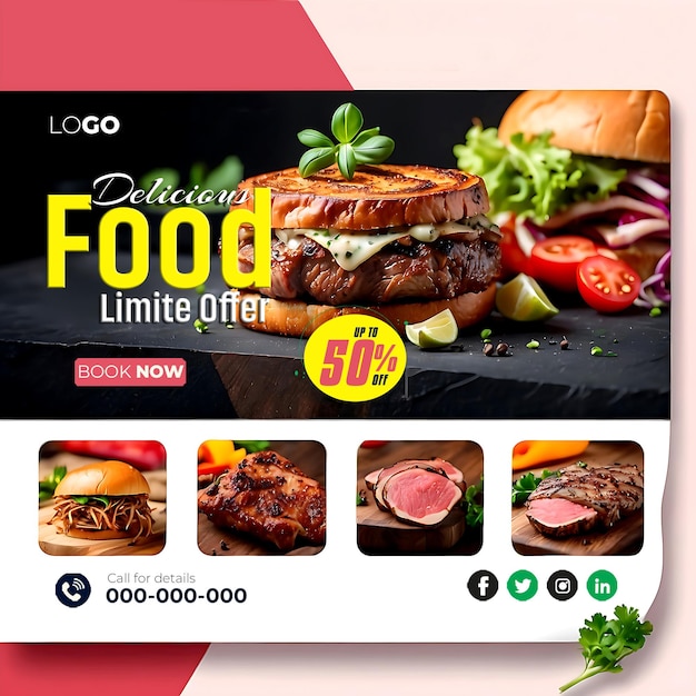 PSD template de banner de postagem de mídia social de comida deliciosa ai gerado