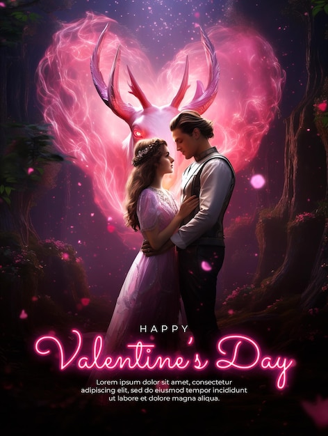 PSD template de cartaz de feliz dia de são valentim com conheça criaturas mágicas que são guardiões do amor