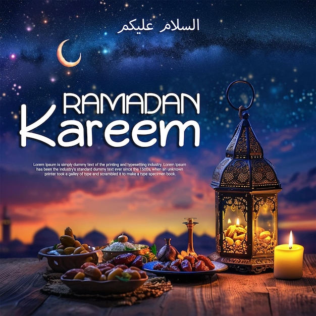 PSD template de design de bandeira do festival islâmico de ramadan kareem com lâmpadas tradicionais e itens de iftar