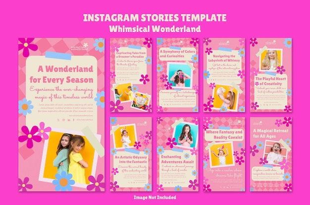 PSD template de postagem de histórias do instagram país das maravilhas lindas crianças rosas