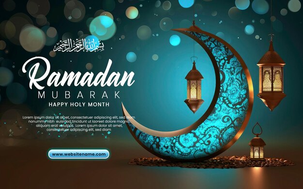 PSD template de ramadan mubarak com lua azul crescente com lâmpada ou lanterna realista do ramadã