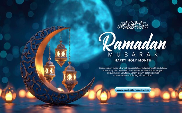 PSD template de ramadan mubarak com lua azul crescente com lâmpada ou lanterna realista do ramadã