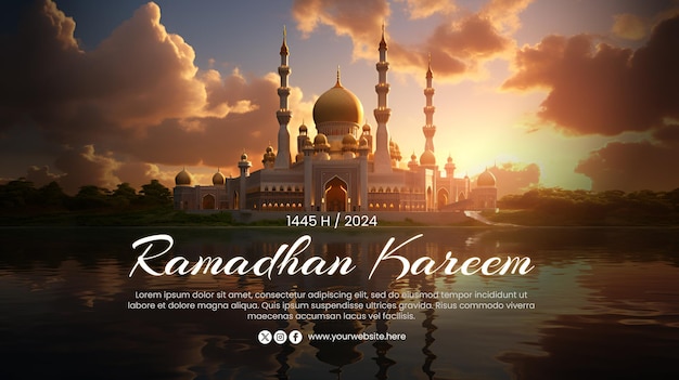 PSD template de saudações de ramadhan kareem com um fundo de mesquita