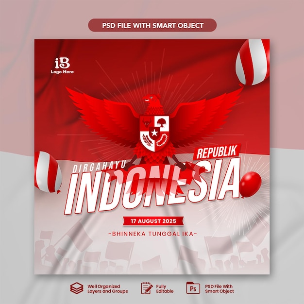 Template di post PSD per la Giornata dell'Indipendenza indonesiana su Instagram