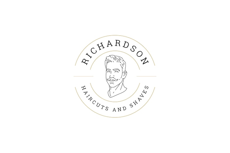 PSD templo de diseño de logotipo de la línea de servicios de barbería, barba y corte de cabello