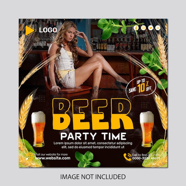 PSD tempo de festa de cerveja realista com um modelo de design de postagem de banner de mídia social vertical de mulher