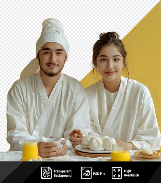 Tempo de pequeno-almoço único com um homem e uma mulher sorridente servido em um fundo transparente com um prato branco e um guardanapo contra uma parede amarela png psd