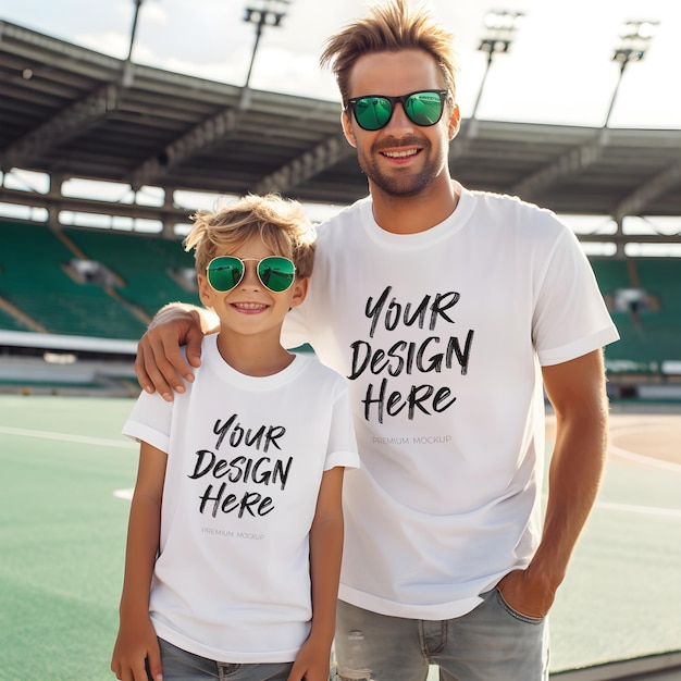 Temps de qualité ensemble maquette de t-shirt blanc avec père et fils profitant du plein air