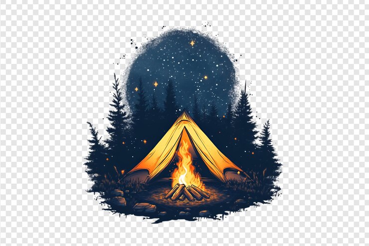 PSD tenda de campamento con fogata bajo un cielo nocturno sobre un fondo transparente