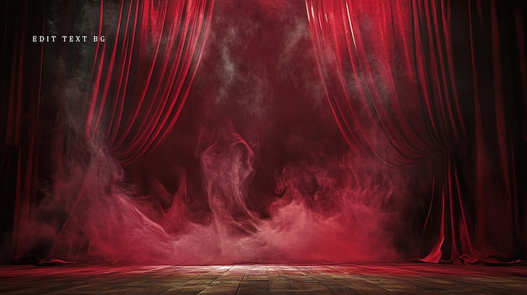 PSD tende di velluto rosso su un palco scarsamente illuminato con fumo
