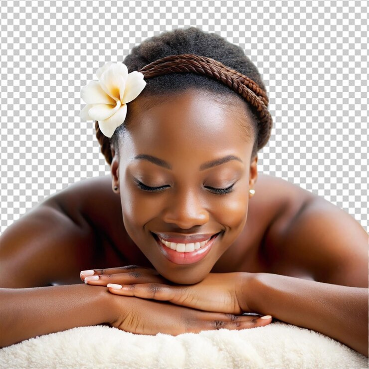 PSD tender mulher africana sorrindo desfrutando de massagem png