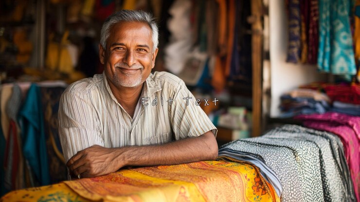 PSD un tendero sonriente apoyándose en el mostrador de una tienda de textiles