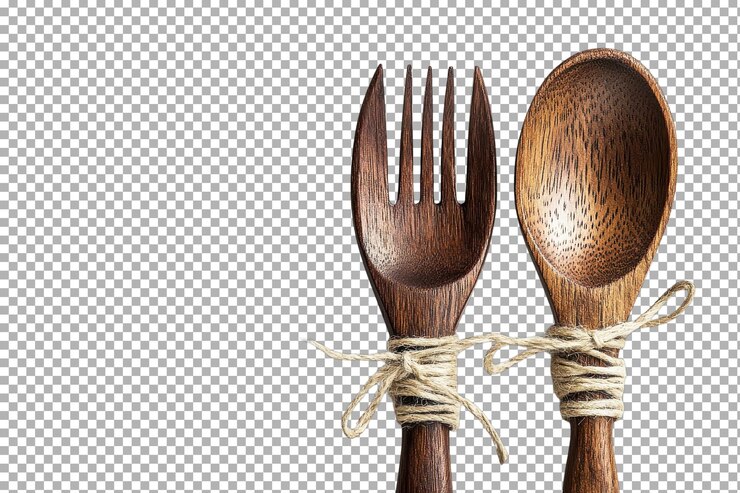 PSD tenedor y cuchara de madera atados juntos con hilo en un fondo plano que muestra utensilios de comedor rústicos