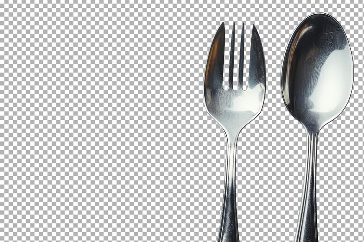 PSD tenedor y cuchara de plata colocados uno al lado del otro sobre un fondo blanco con un diseño minimalista