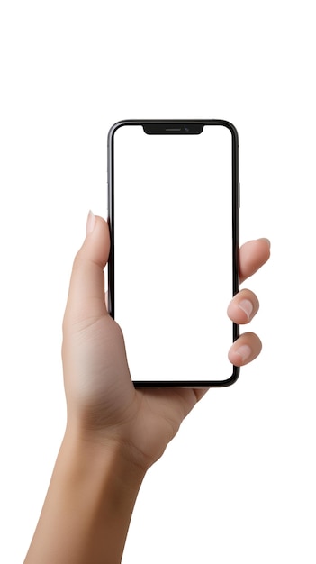 PSD tener en la mano un teléfono móvil con pantalla blanca
