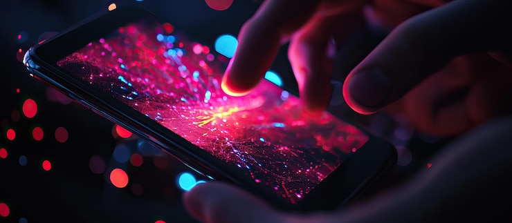 PSD tenere in mano lo smartphone con sfondo astratto