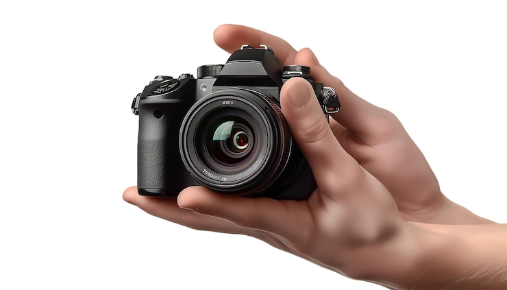 PSD teniendo en la mano una cámara dslr moderna con lente de zoom