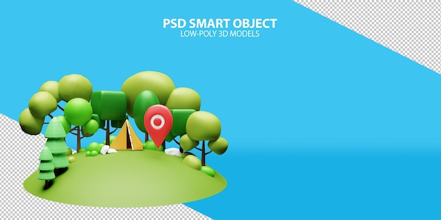 Tente de camping avec objet intelligent PSD de broche de carte sur fond dégradé rendu 3d du modèle low poly