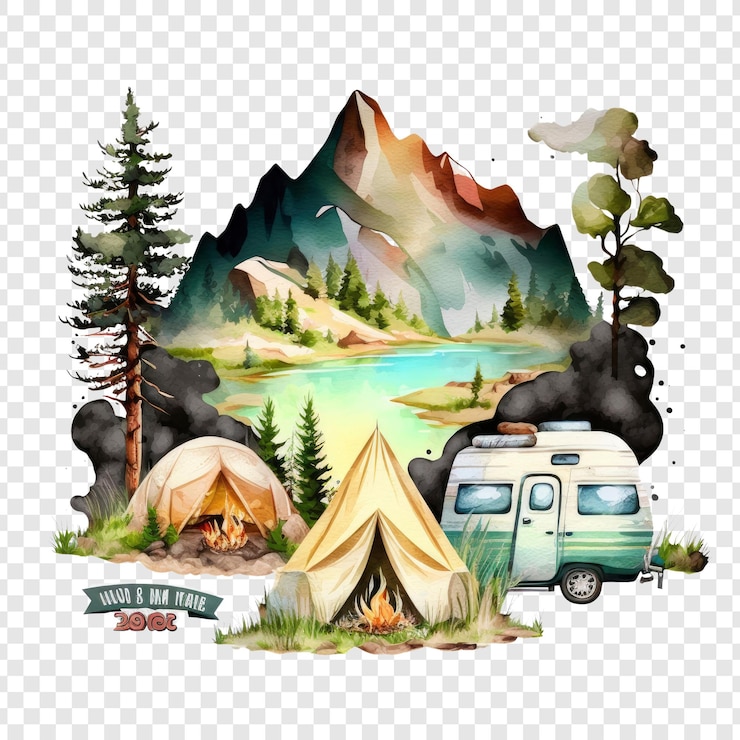 PSD une tente de camping avec un panneau disant camper dessus