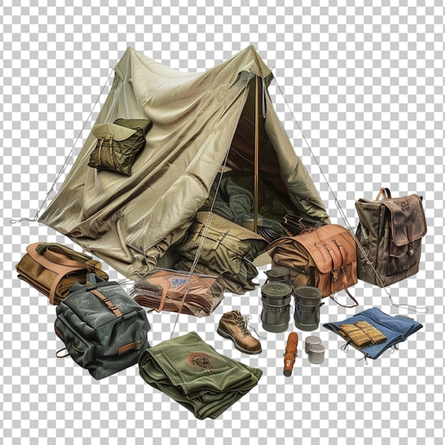 PSD tente de camping en plein air avec sac à dos montagne et rivière sous