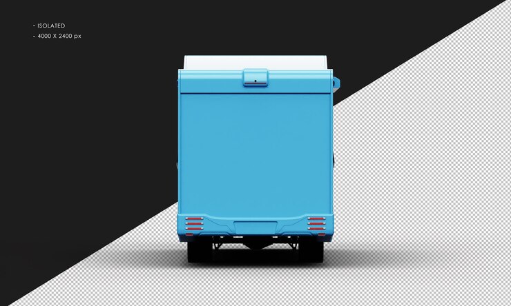 PSD terisolasi realistis mengkilap biru mobil van camper travel dari tampilan belakang
