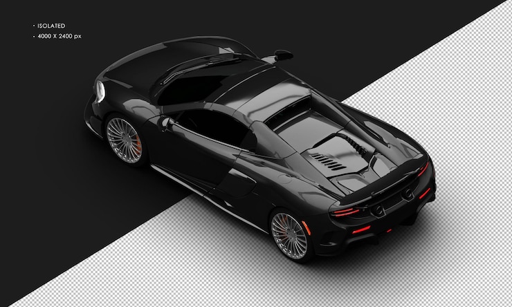 PSD terisolasi realistis metalik hitam eksklusif turbo engine hyper sport car dari tampilan belakang kiri atas
