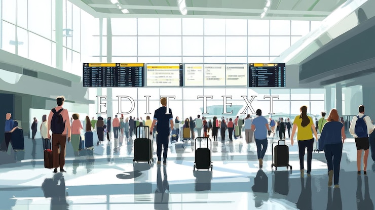 PSD terminal de aeropuerto abarrotado con pasajeros caminando hacia el tablero de salidas