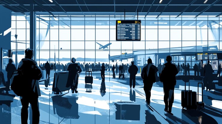 PSD terminal de aeropuerto ocupado con pasajeros esperando y avión a pie visible a través de grandes ventanas