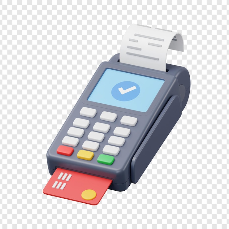 PSD terminal pos en 3d avec carte de crédit et reçu sur un fond transparent