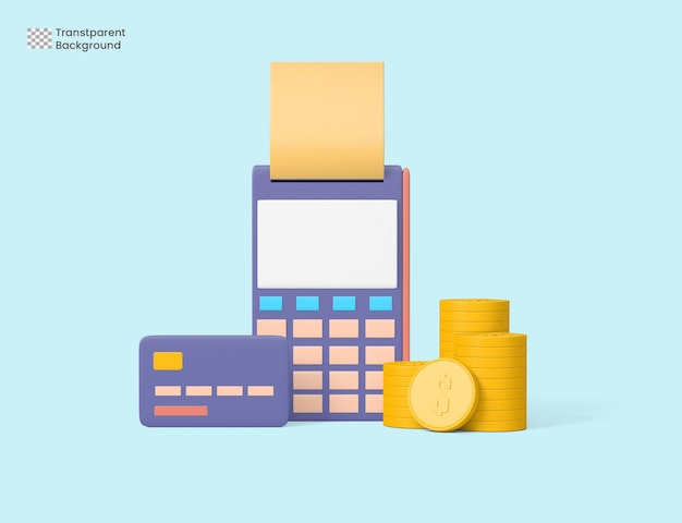 Terminal POS sobre fondo morado con cheque, pila de monedas y tarjeta de crédito. renderizado 3D