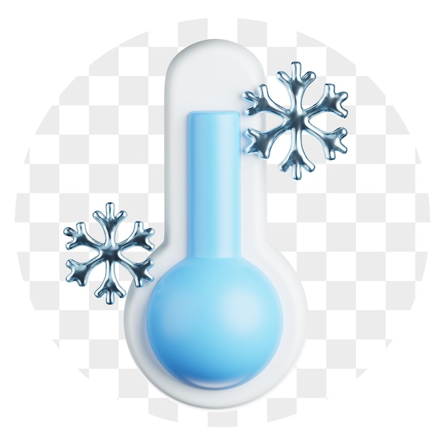 Termômetro de desenho animado 3D com flocos de neve indicando tempo frio