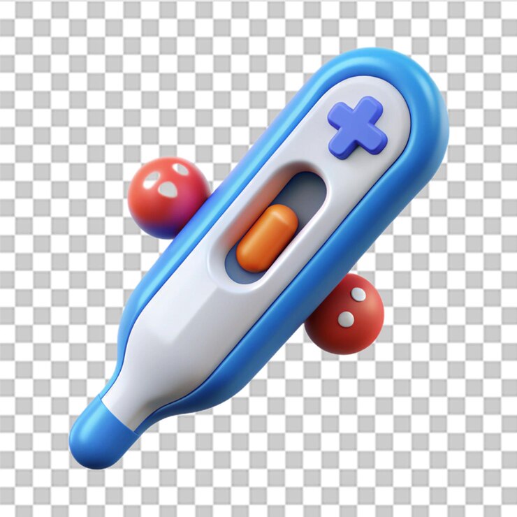 PSD termómetro electrónico médico 3d de alta temperatura y signo de exclamación en estilo de dibujos animados ilustración de un dispositivo de medición de temperatura de diagnóstico médico rendering 3d