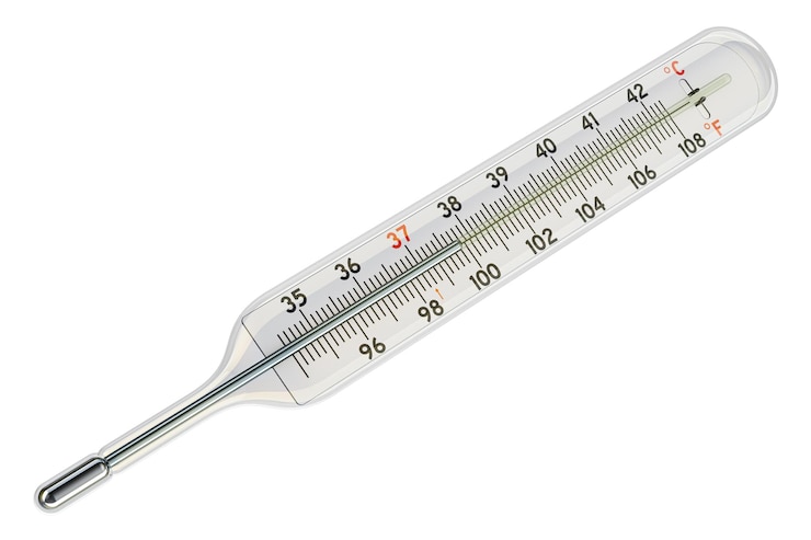 PSD termómetro médico clínico de mercurio que muestra la temperatura en escalas fahrenheit y celsius renderización 3d aislada sobre un fondo transparente
