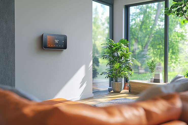 PSD termostato inteligente en la pared en una sala de estar moderna con ventana grande y plantas
