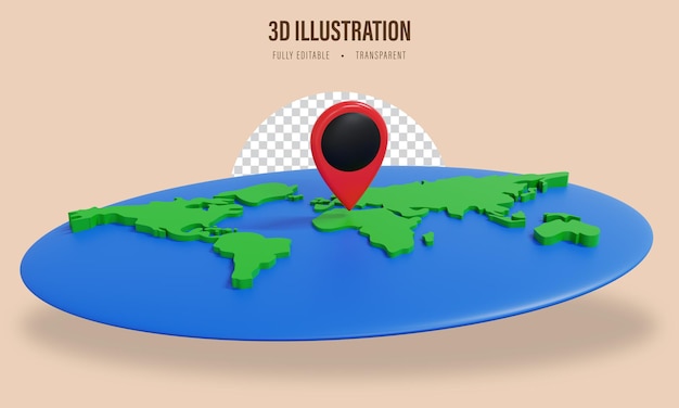 PSD terra 3d com continentes e ícone de localização