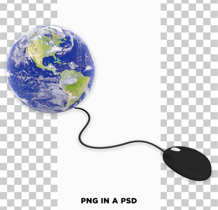 PSD terra globale con mouse 3d isolato su sfondo trasparente