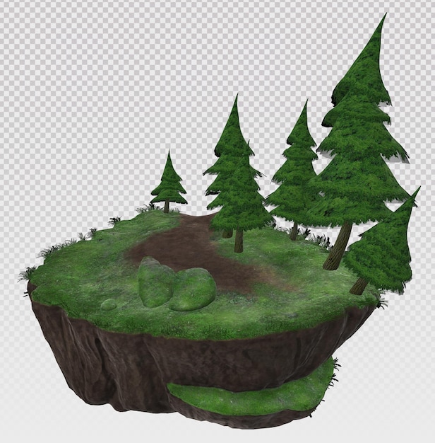 Terra verde di rendering 3D con abeti