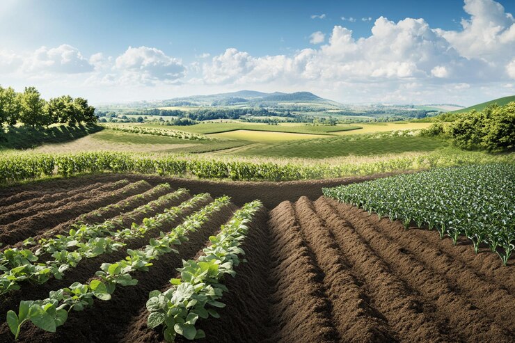 PSD terras agrícolas exuberantes com fileiras de culturas sob um céu de verão brilhante mostrando abundância agrícola